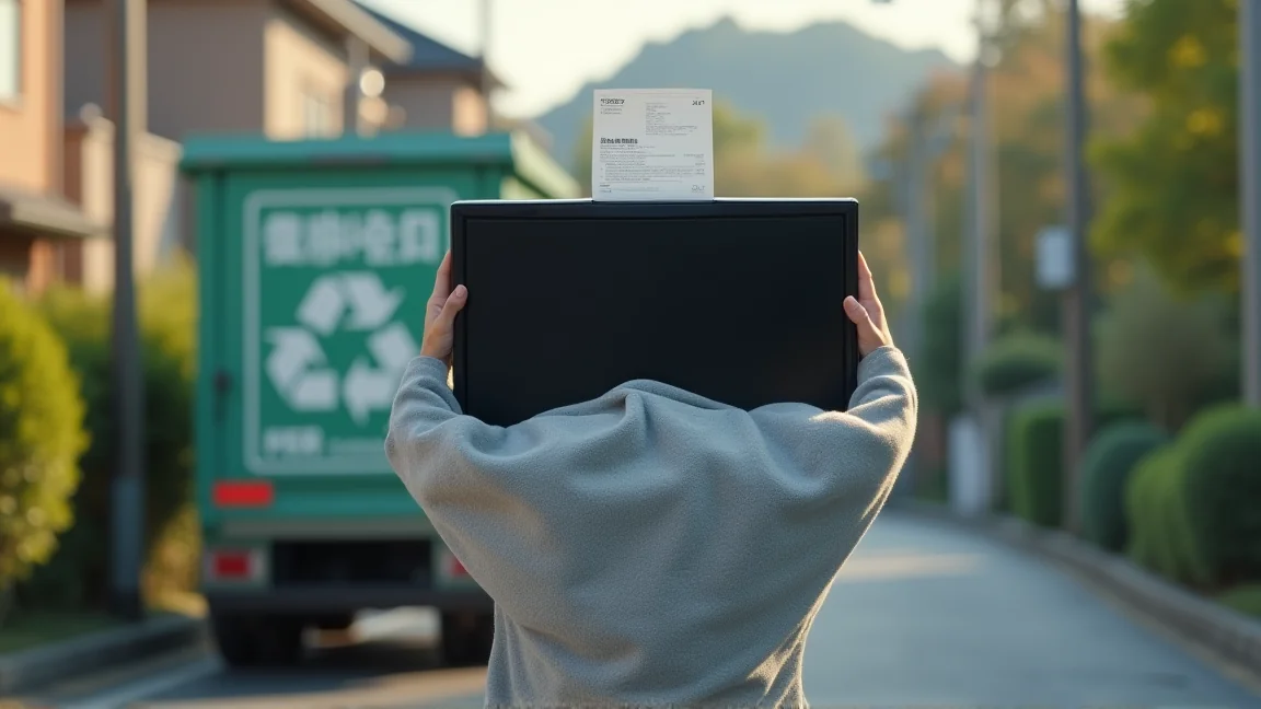 リサイクル券を手にテレビを運ぶ様子