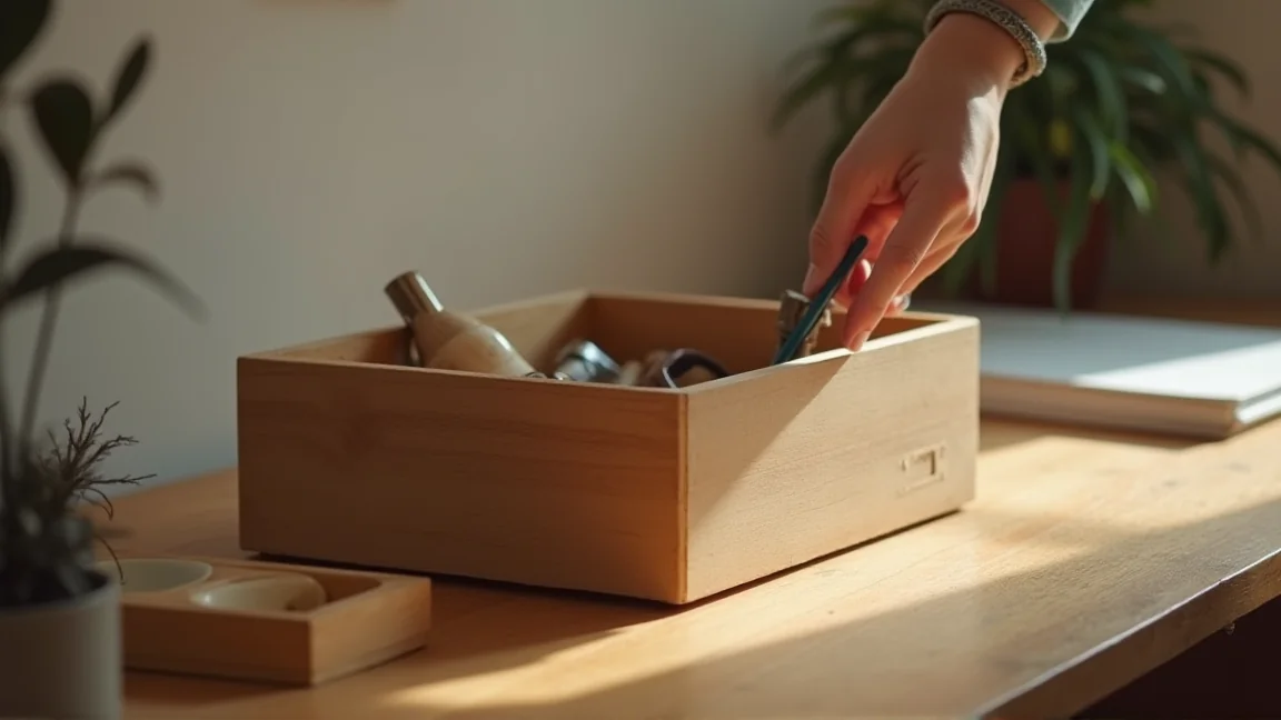 賃貸のリビングで補修道具を片付ける様子