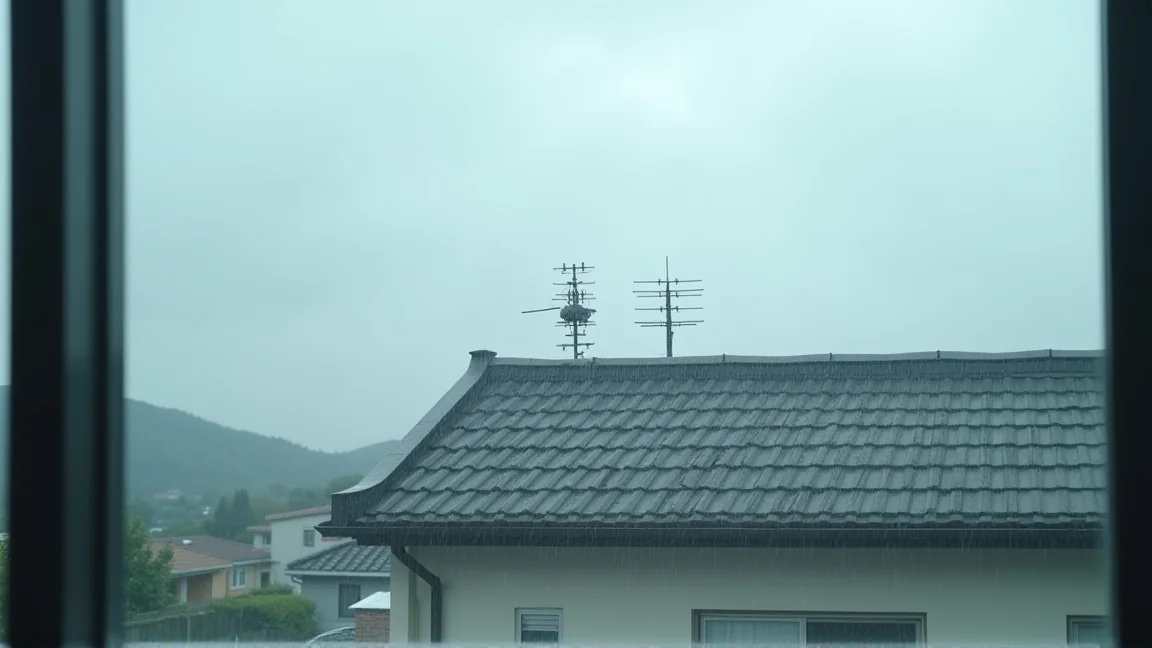 雨の日の屋根とテレビアンテナ