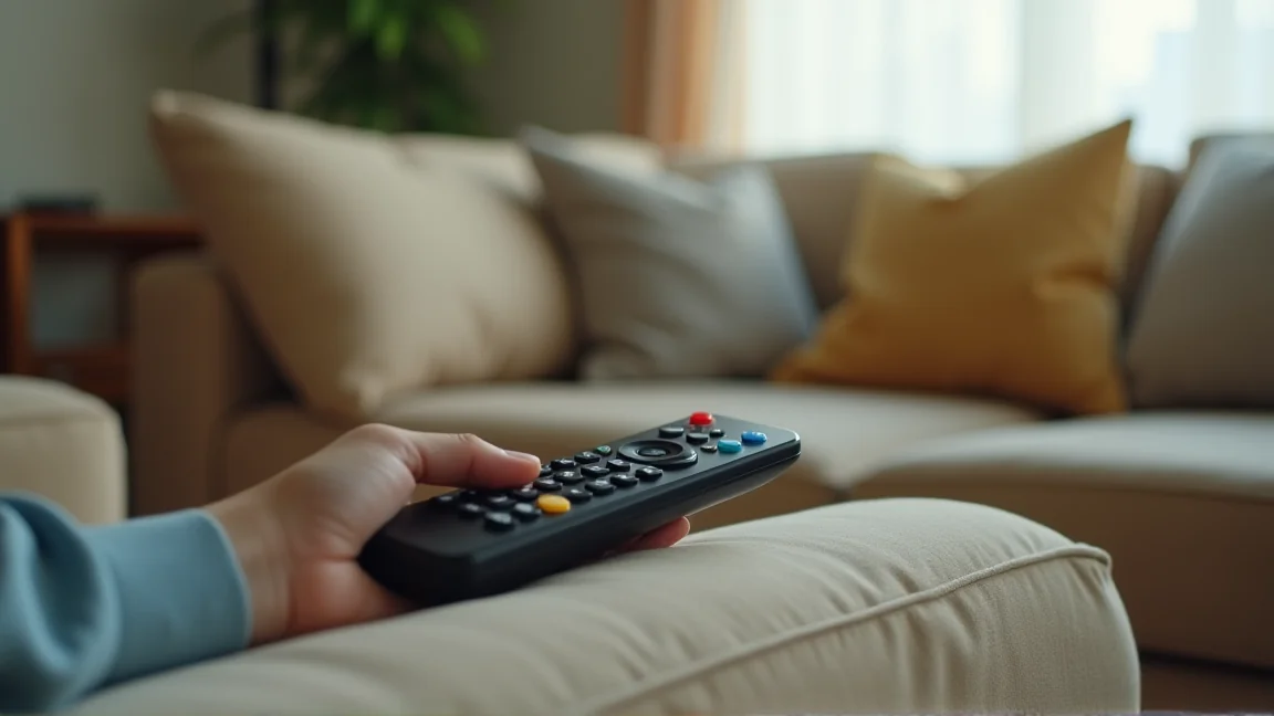 ソファで悩みながらリモコンを持つ手元