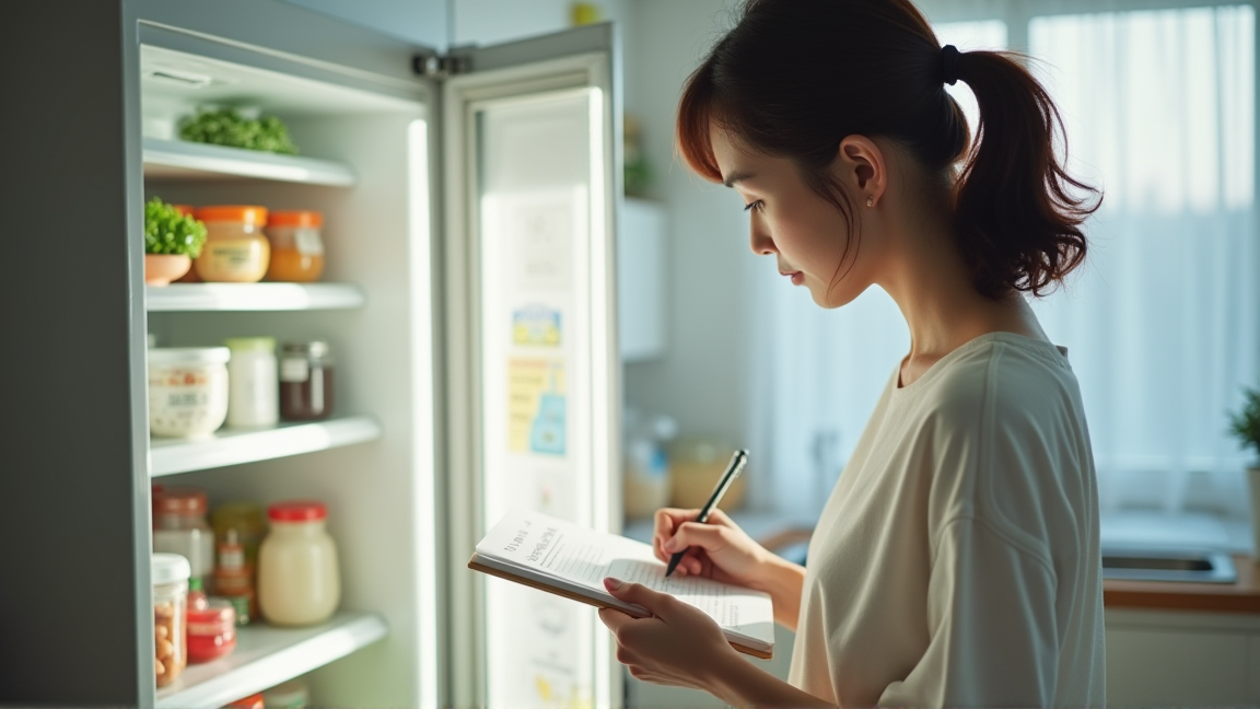 冷蔵庫の中身を確認してメモする様子
