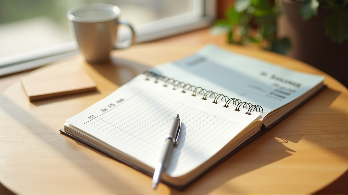 通帳と積立計画のメモを並べた机