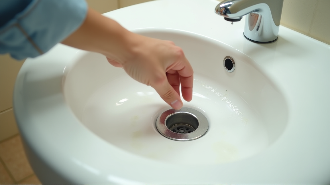 洗面台の排水口をのぞき込みながら原因を確認している手元