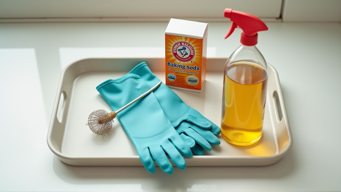 洗面台の掃除道具をトレーに並べた様子