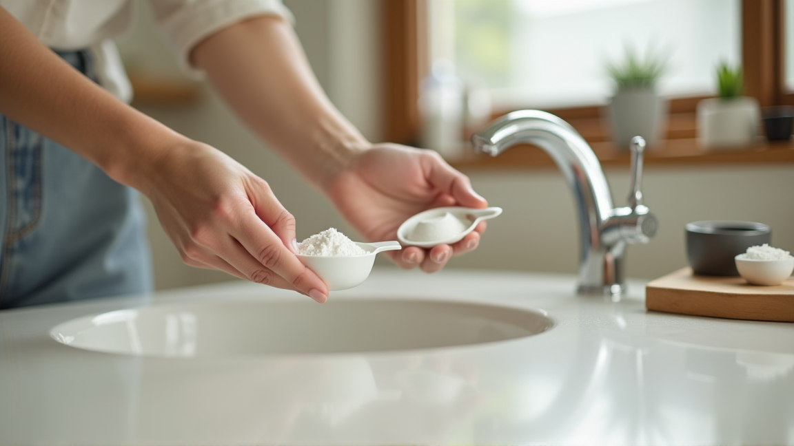 重曹とクエン酸を計量スプーンですくう手元