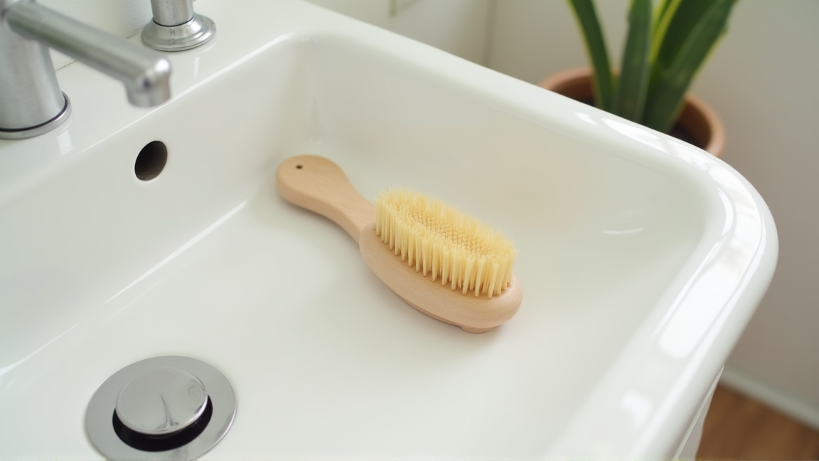 洗面台の端に置かれた小さな掃除ブラシとヘアキャッチャー