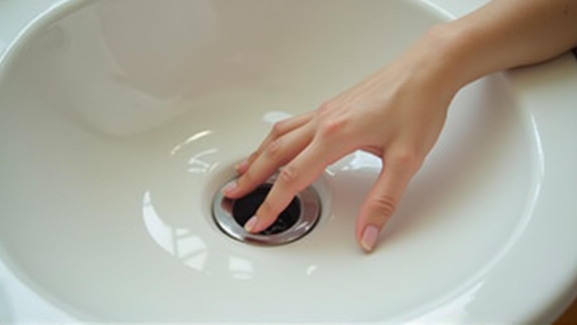 洗面所で疑問を感じながら排水口を見る女性の手元