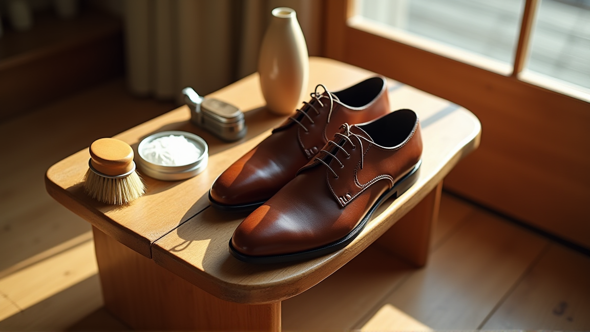 玄関に並んだ革靴と基本のケア用品一式