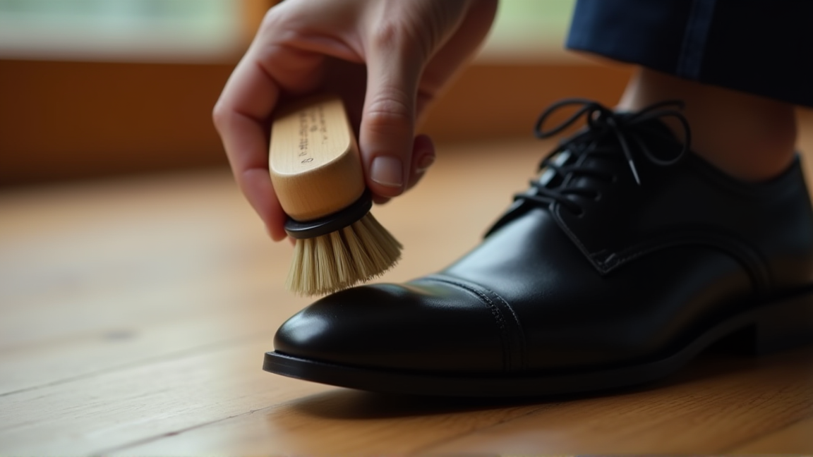 馬毛ブラシで革靴のつま先をやさしく払う手元