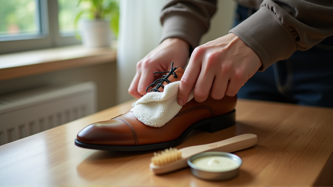 布で革靴にクリームを薄く塗り広げている場面