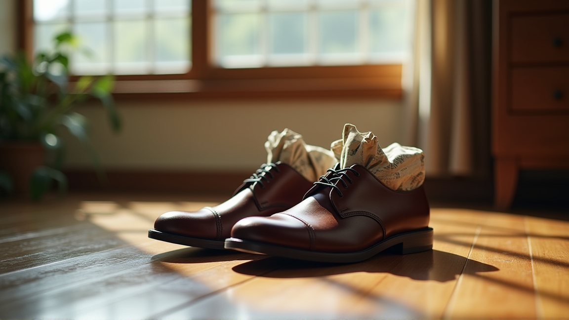 濡れた革靴に新聞紙を詰めて乾燥させている様子