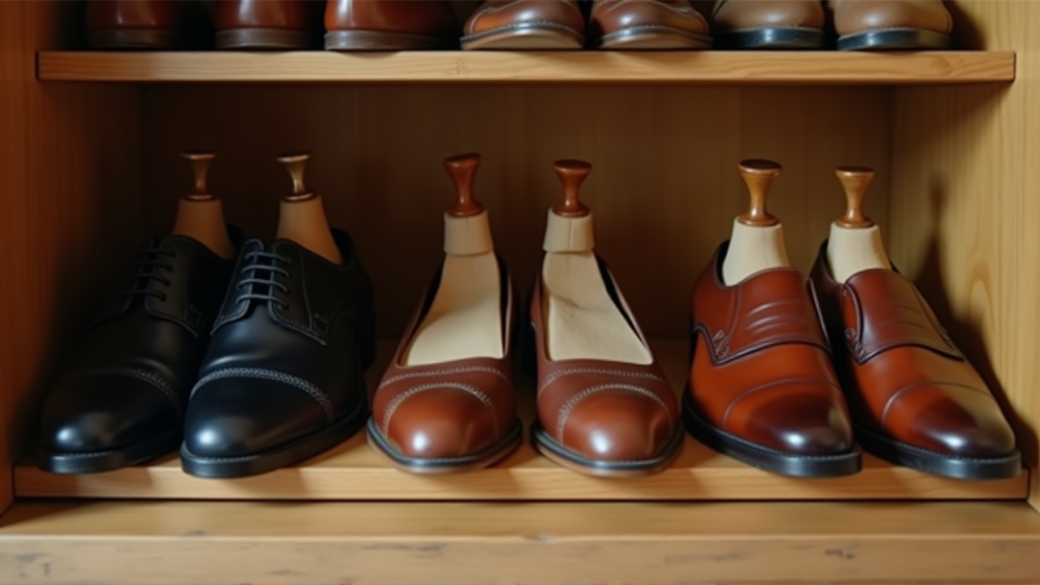 下駄箱に整然と並んだ革靴とシューツリー