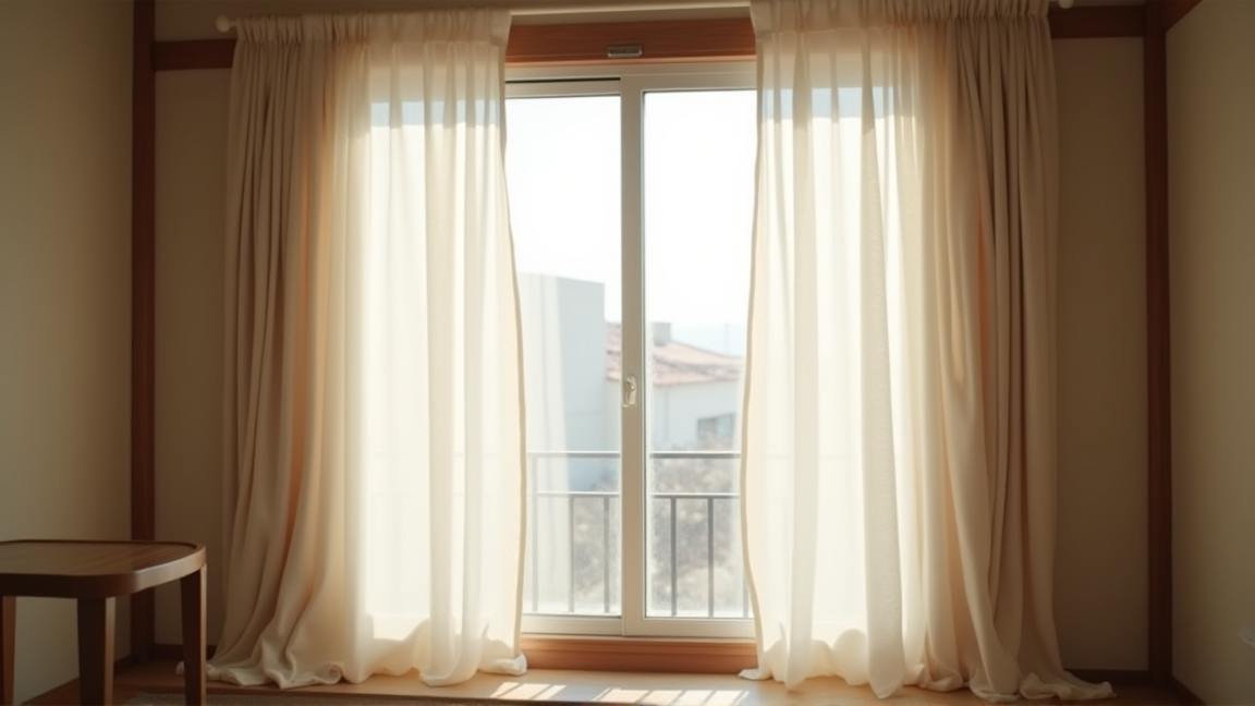 冬の窓辺に厚手のカーテンと断熱シートを貼った室内