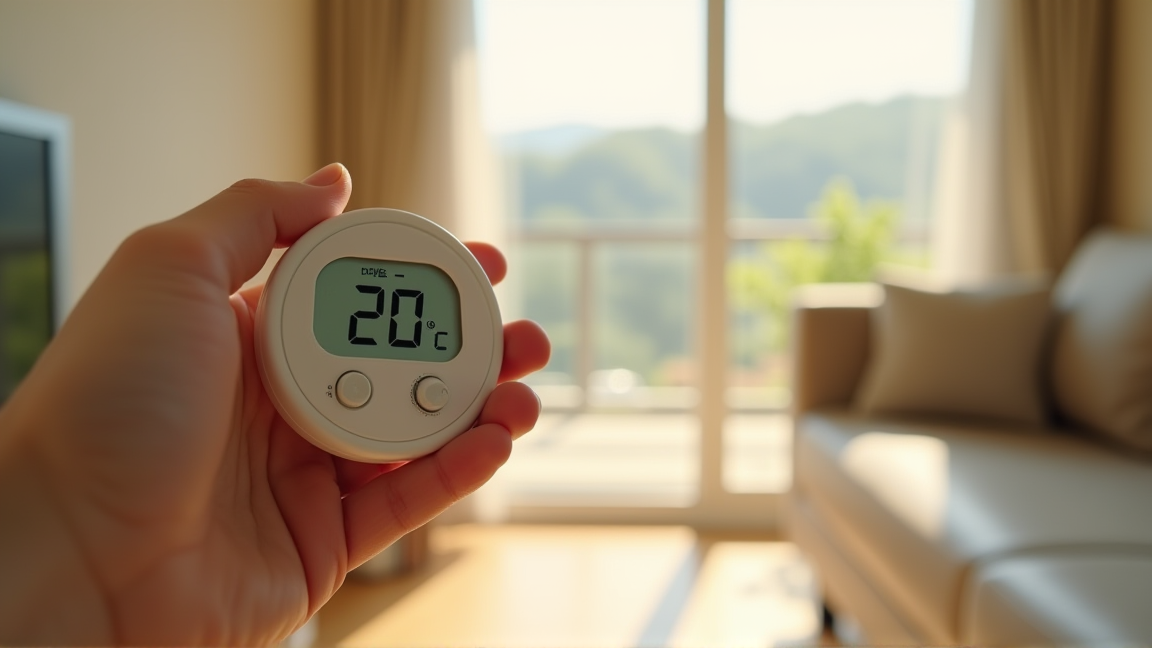 エアコンのリモコンで設定温度を確認している様子