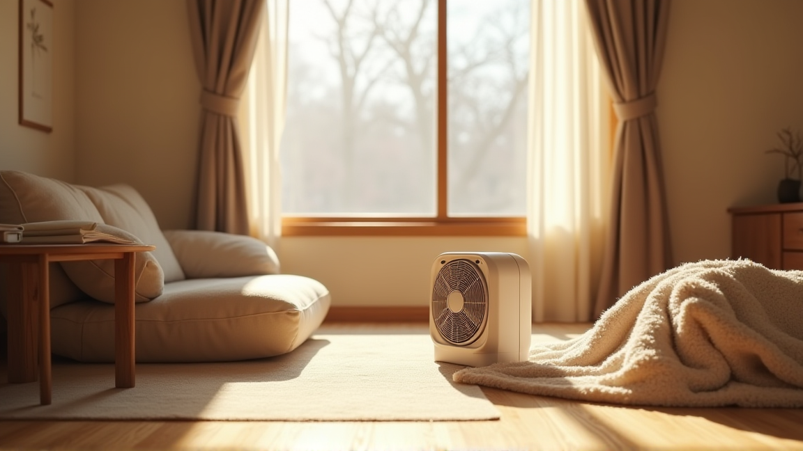 リビングのサーキュレーターとこたつで暖を取る様子