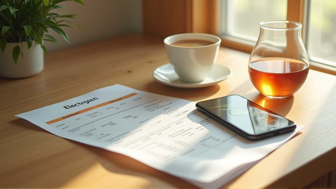 テーブルの上で電気料金の明細とスマホで比較している様子