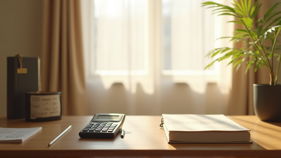 ワンルームの机に家計簿とレシートが並び、電卓と通帳が置かれている様子