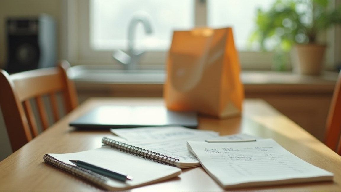 コンビニ袋とレシートがテーブルに置かれ、手帳に支出メモが書かれている様子