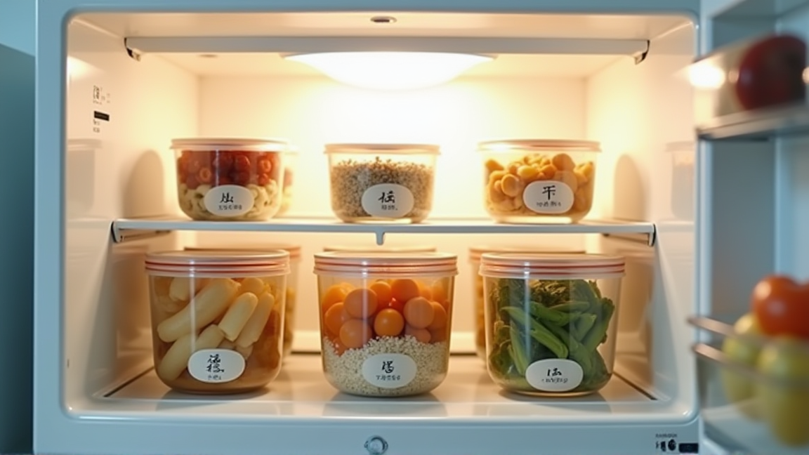 冷蔵庫に作り置きの保存容器が整然と並んでいる様子