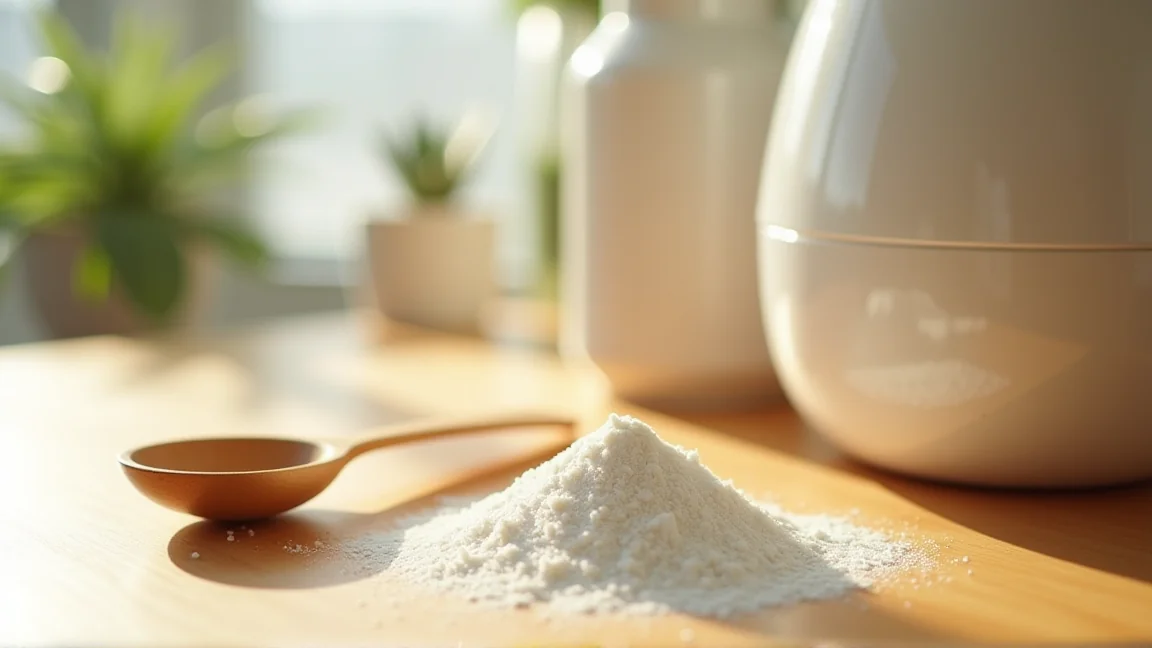 クエン酸の袋と計量スプーン、加湿器のパーツをテーブルに並べた様子