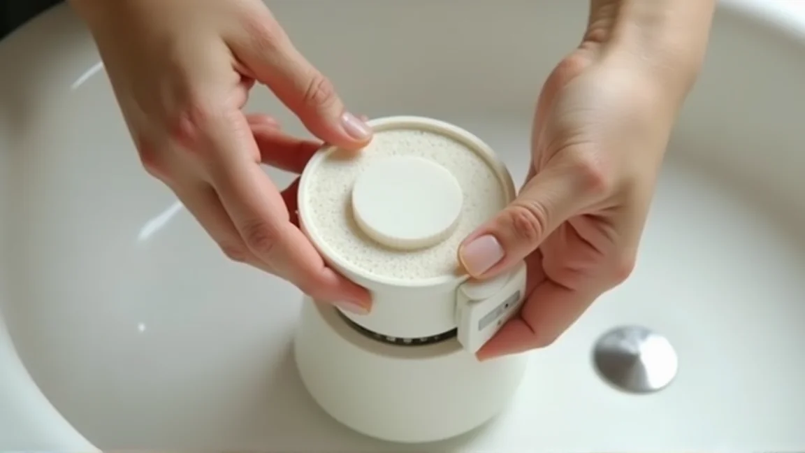 歯ブラシで加湿器のパッキンを丁寧にこする手元