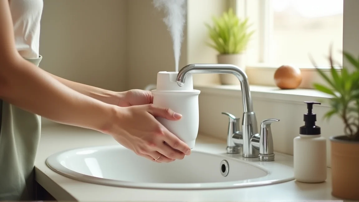 朝に加湿器のタンクを洗面所で洗っている様子