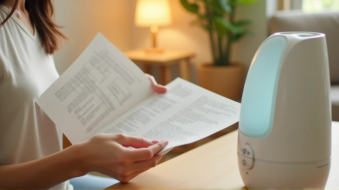 加湿器の取扱説明書を読みながら疑問を確認する手元