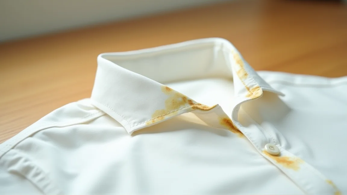 ワイシャツの襟元の黒ずみをチェックしている様子