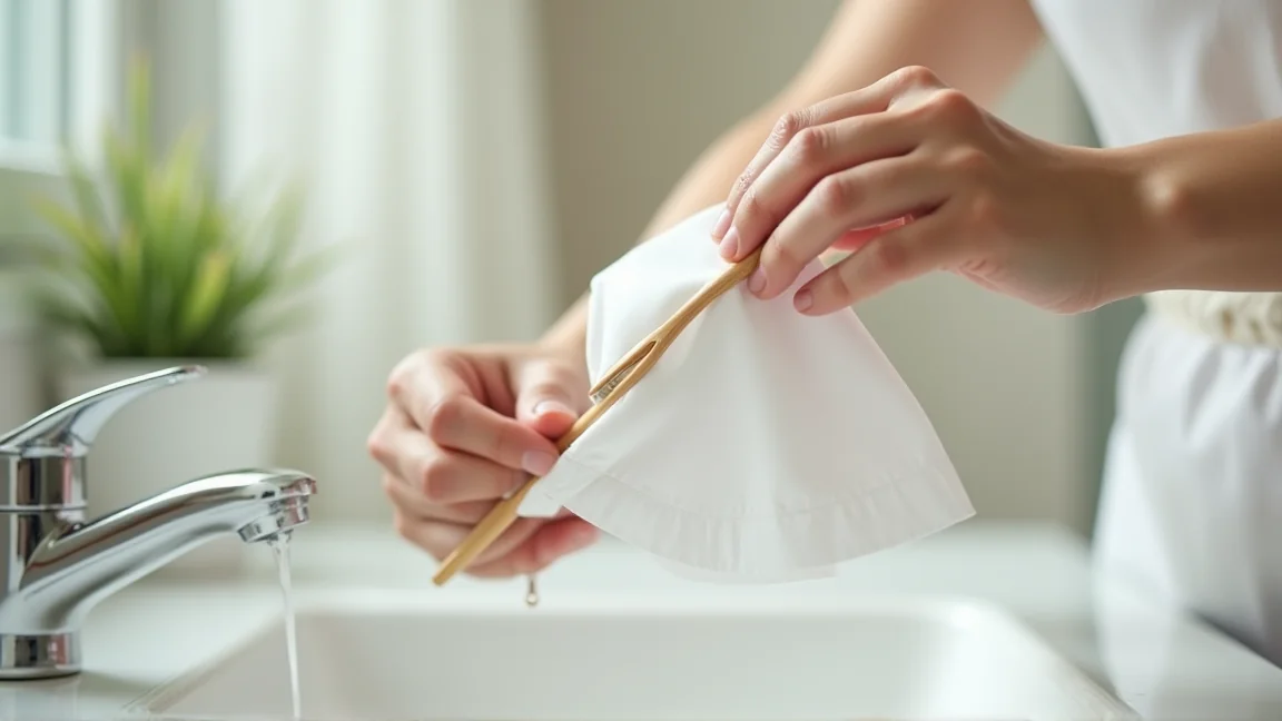 食器用洗剤と歯ブラシでワイシャツの襟を部分洗いしている手元