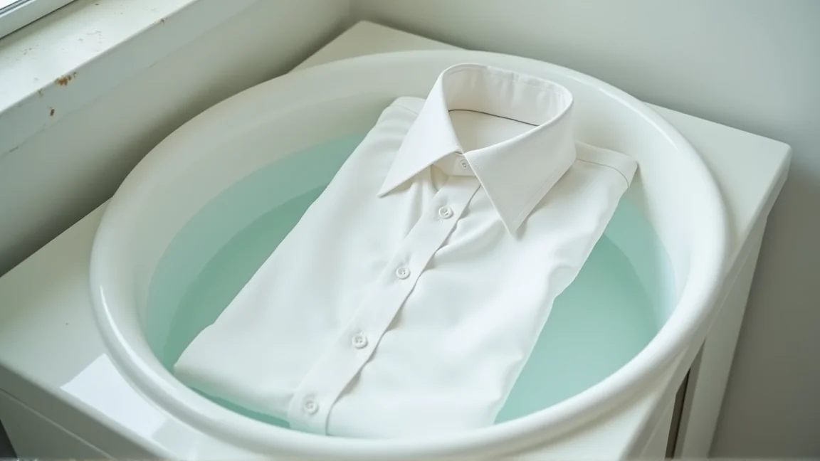 洗面器にワイシャツを酸素系漂白剤でつけ置きしている様子