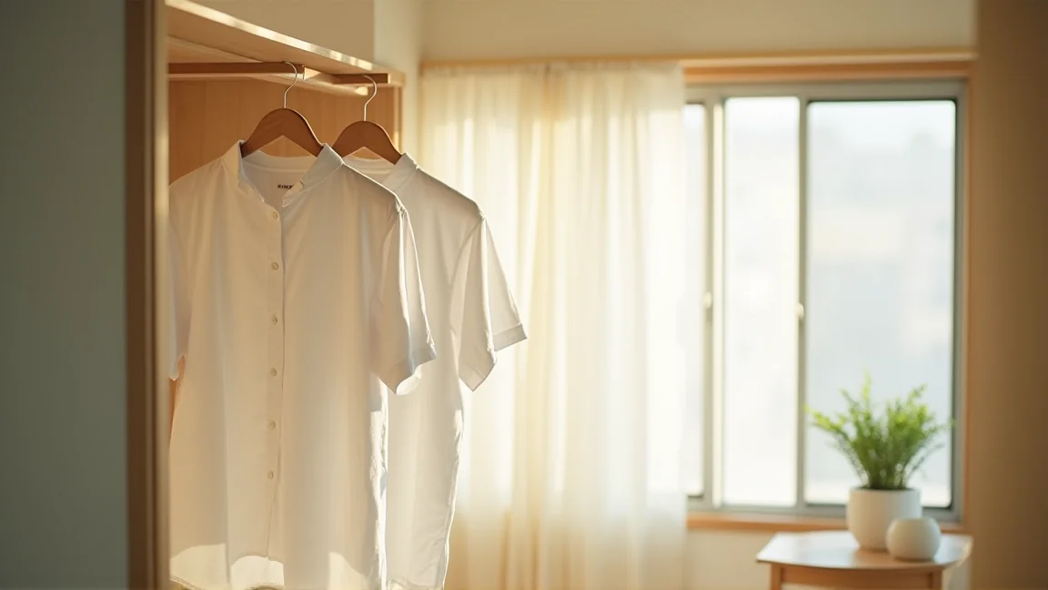 朝の身支度でワイシャツをハンガーから取る様子