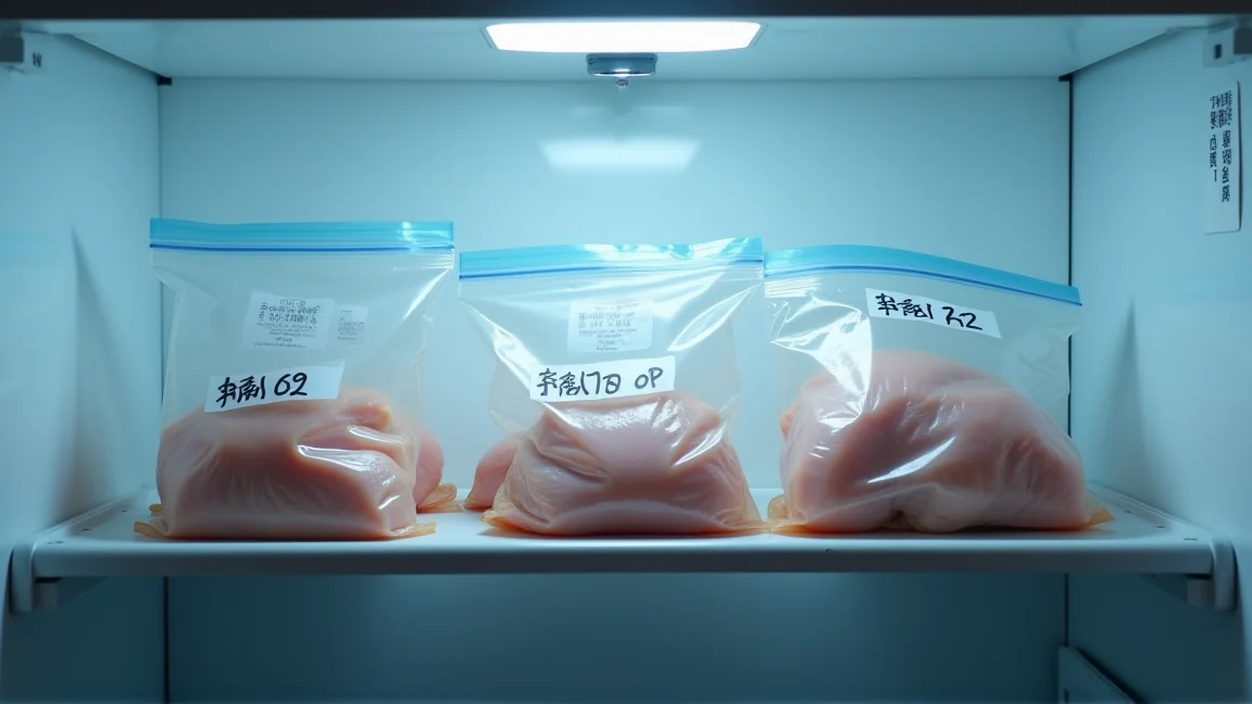 冷凍保存した鶏もも肉の小分けパックを冷凍庫に並べたところ