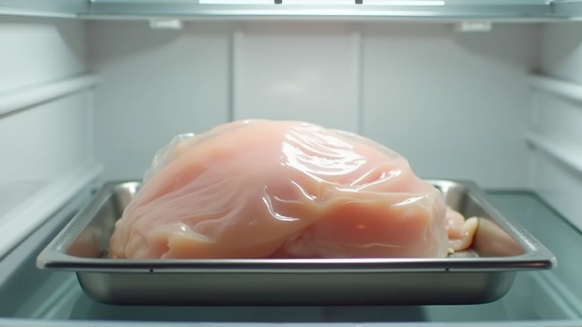 冷蔵庫内でバットに載せて解凍中の鶏もも肉