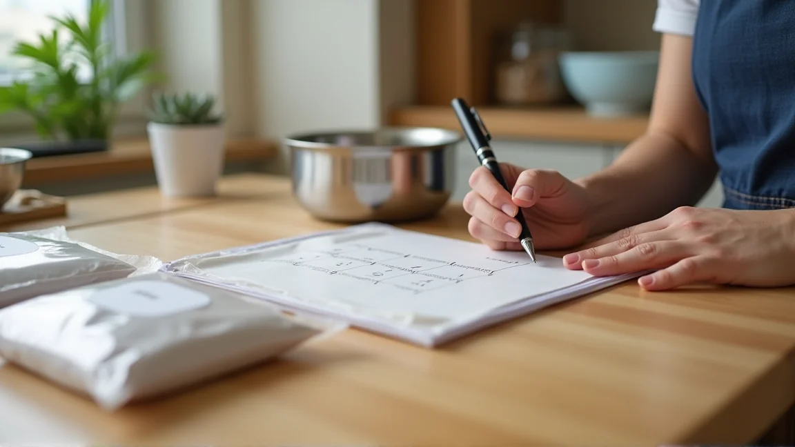 ノートに冷凍メモを書き込むキッチンの様子