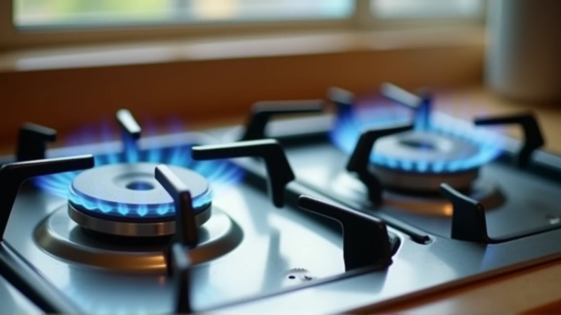 片方だけ火がつかないガスコンロの手元を上から見下ろした様子