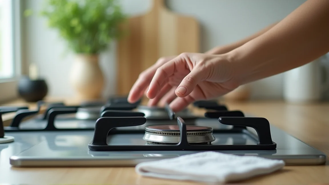 ガスコンロのバーナーキャップを外して掃除している手元