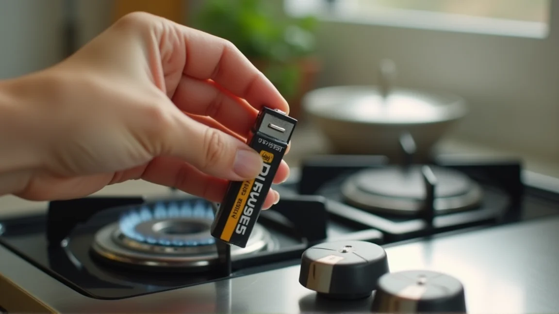 ガスコンロ本体の側面にある電池ボックスから単一電池を取り出す手元