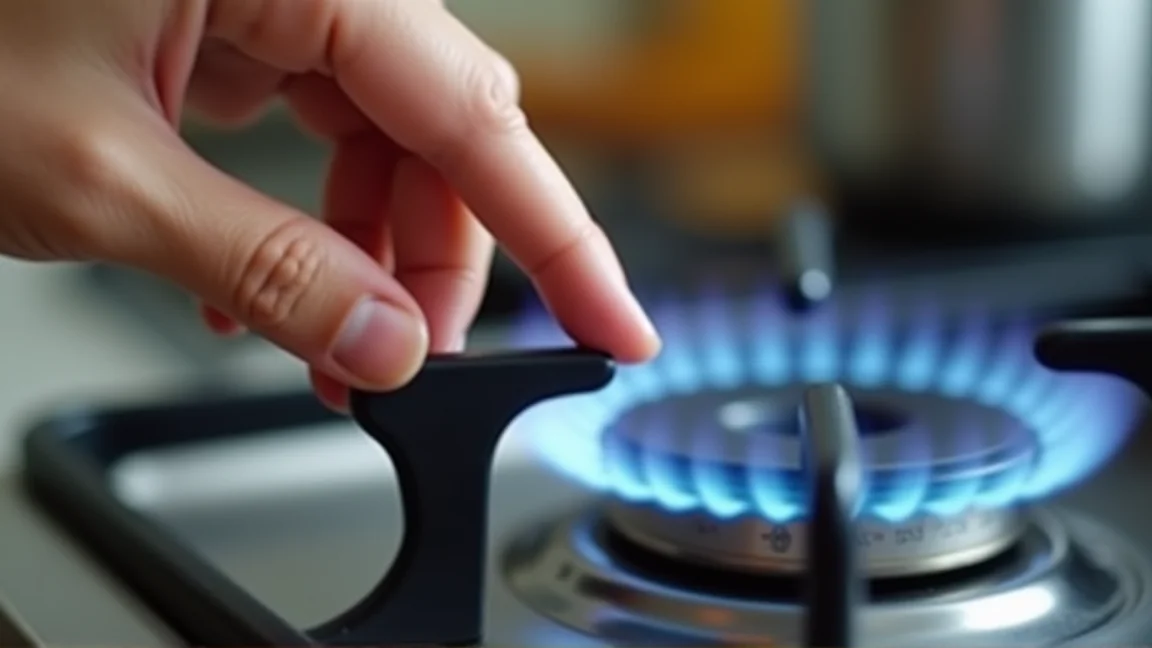 ガスコンロの点火ボタンを押す指先のクローズアップ