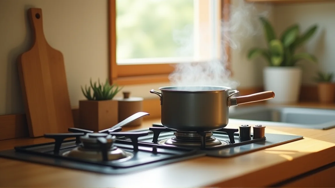 きれいに掃除されたガスコンロで湯気の立つ鍋が気持ちよく煮えている様子