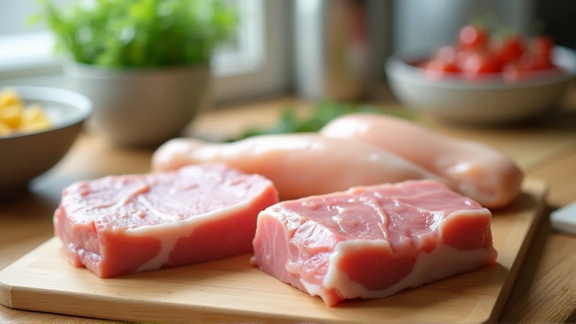 小分けパックの豚肉と冷凍の鶏肉をキッチンに並べた様子