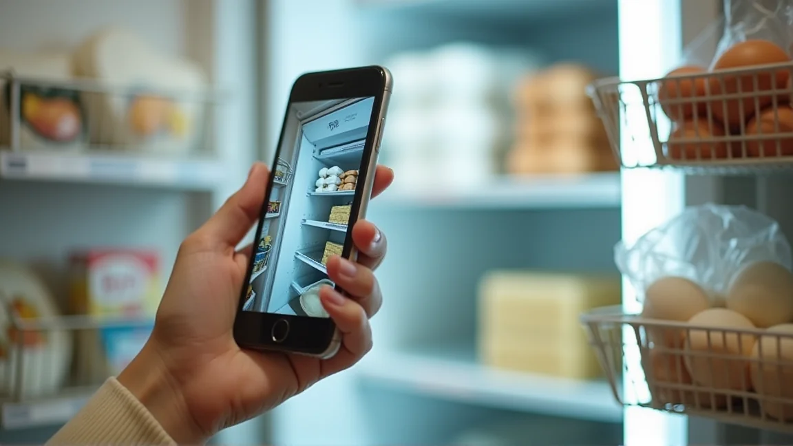 スーパーで冷蔵庫の写真を見ながら買い物リストを確認する様子