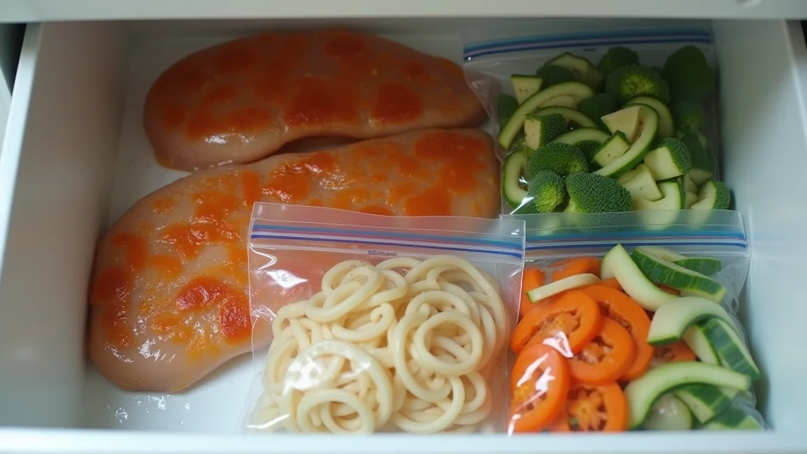 下味冷凍した鶏むね肉と切った野菜が冷凍庫に並ぶ様子