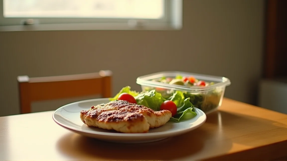 一人暮らしのテーブルで自炊の主菜とコンビニの副菜を並べた夕食