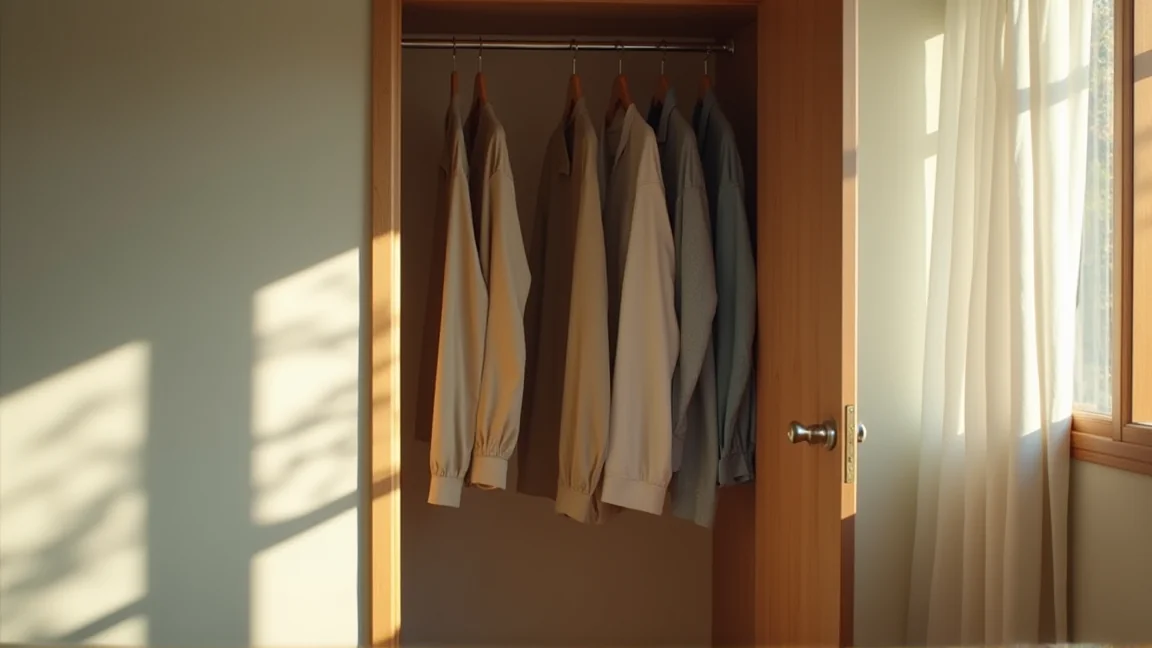扉を開けたばかりのクローゼットと衣類のシルエット