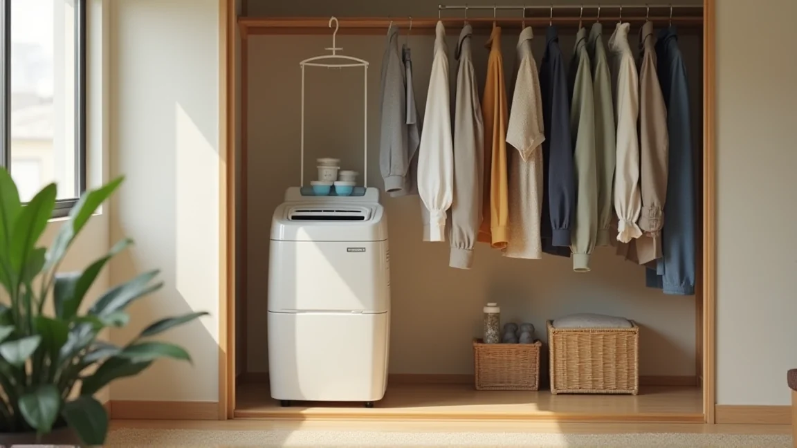 クローゼット床に置かれたタンク型除湿剤と吊り下げ型