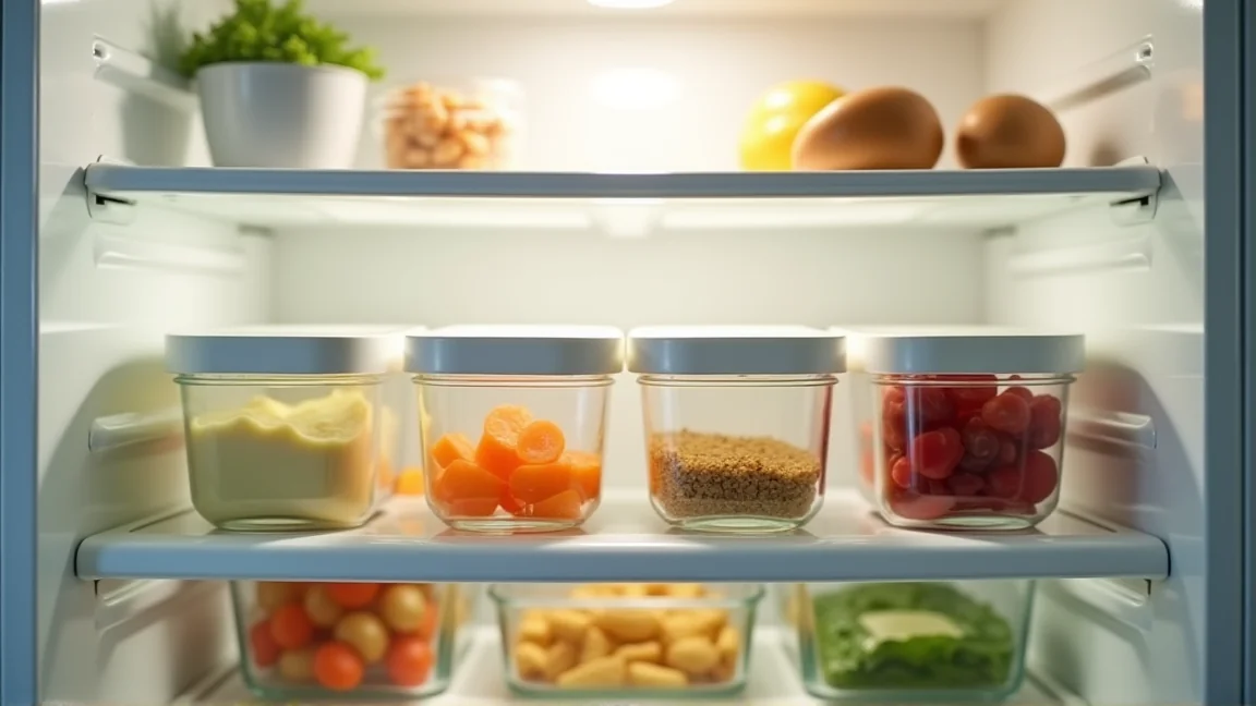 冷蔵庫内の食品配置を整える様子