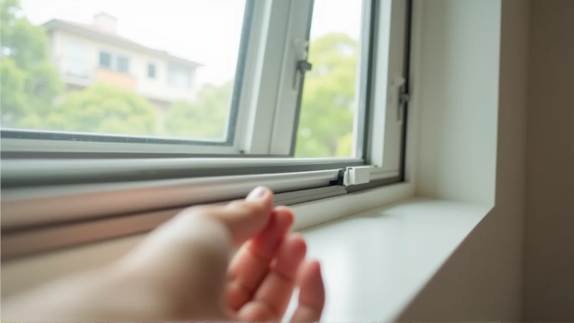 窓のサッシとゴムパッキンの隙間を確認している様子