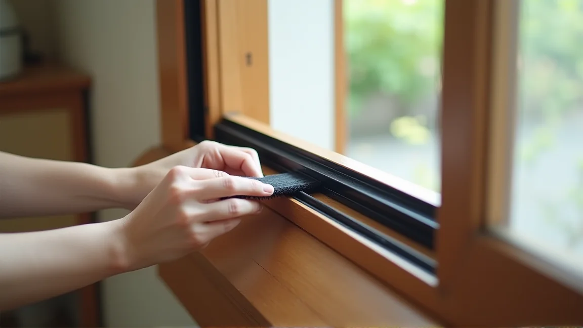 網戸とサッシに隙間テープを貼っている手元