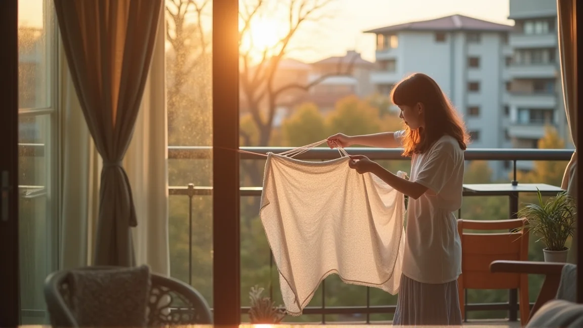 ベランダの洗濯物をはたいて確認する様子