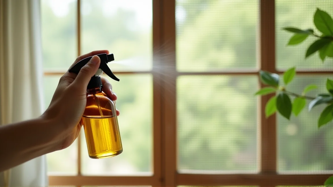 ハッカ油スプレーを網戸に吹きかける手元